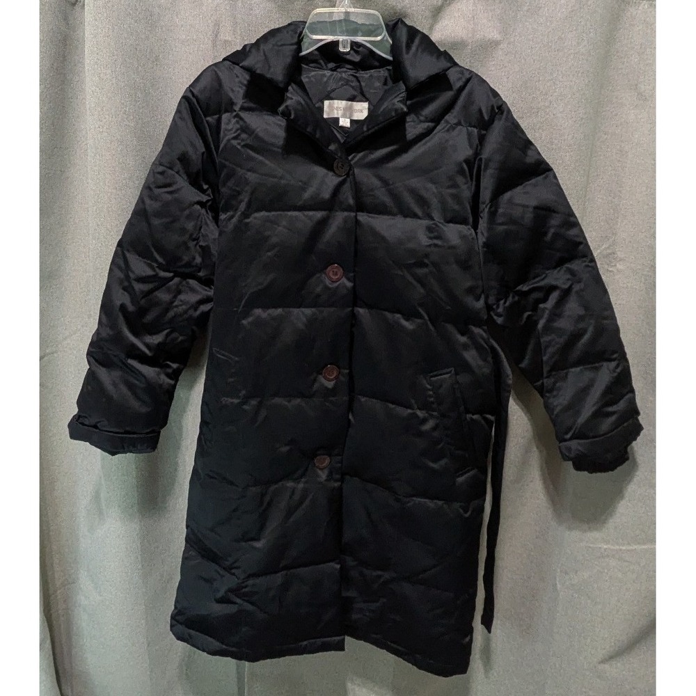 Jones New York Puffer Coat Womens Small Black Excellent Hooded Belted J29728